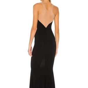 Norma Kamali black mermaid fishtail gown with nude mesh racerback top